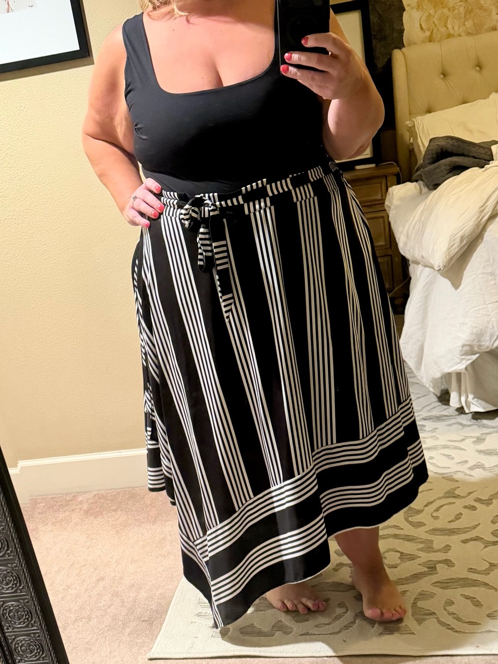 Eloquii Black & White Striped Midi Faux Wrap Skirt with Tie Waist